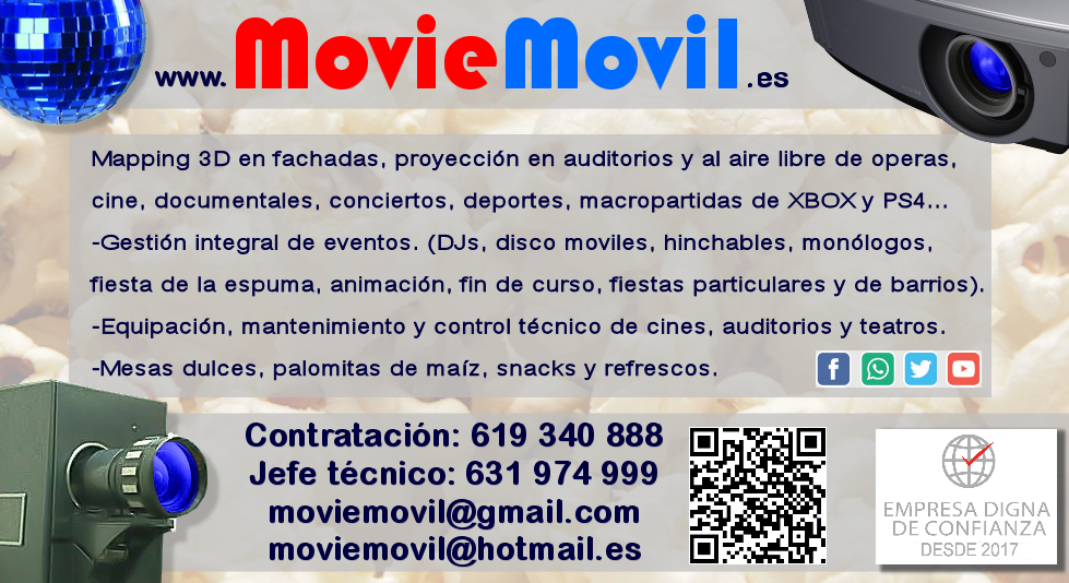 Tarjeta de visita Moviemovil la empresa del cine al aire libre. Contratación 619 340 888 email: moviemovil@gmail.com